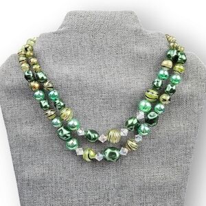 Vintage Double Strand Beaded Necklace Green Foiled AB Plastic Mid Century 15"